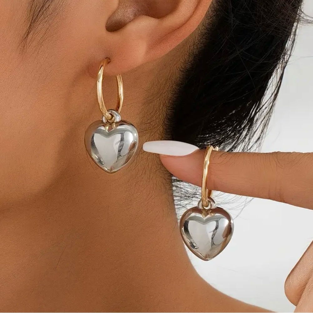 New, Silver Heart on Gold tone Hoop Earrings